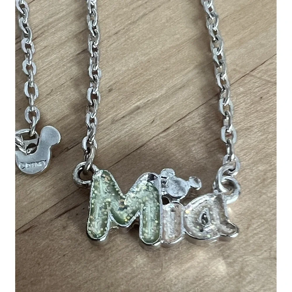 Disney Mickey Personalized Name Mia Silver Tone Pink Green Necklace 14-16